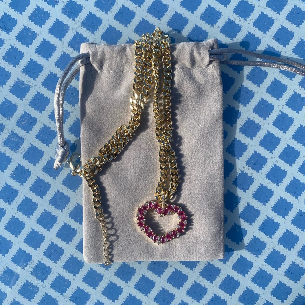 Gold Plated Chain Necklace with Pink Heart Pendant